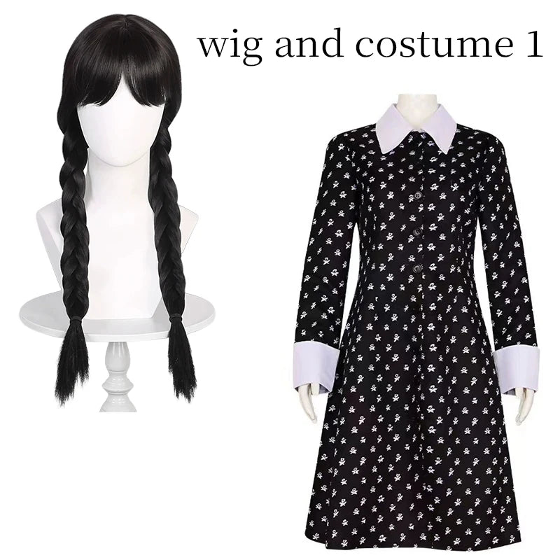 Wednesday Addams Damenkostüm – Schwarzes Cosplay Kleid mit Kragen & Zöpfen – Halloween Verkleidung inspiriert vom Film
