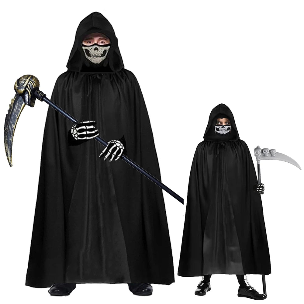 Grim Reaper Halloween Kostüm mit Kapuze, Totenkopf-Maske, Handschuhen & Sense – Unisex Verkleidung für Kinder & Erwachsene