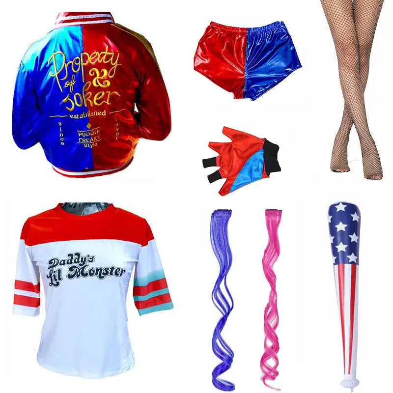 Harley Quinn Kostüm für Kinder & Damen – Cosplay Set mit Jacke, Shorts, Shirt & Zubehör – Halloween & Karneval