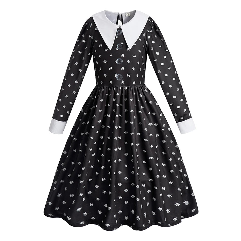 Kinder Halloween Kostüm Mädchen – Gothic Kleid mit Zöpfen & Zubehör | Wednesday Addams Stil | Hexe Cosplay für Party & Karneval