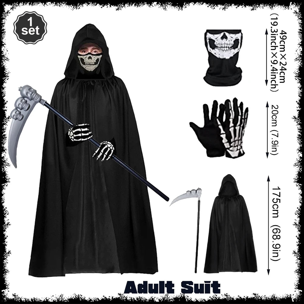 Grim Reaper Halloween Kostüm mit Kapuze, Totenkopf-Maske, Handschuhen & Sense – Unisex Verkleidung für Kinder & Erwachsene