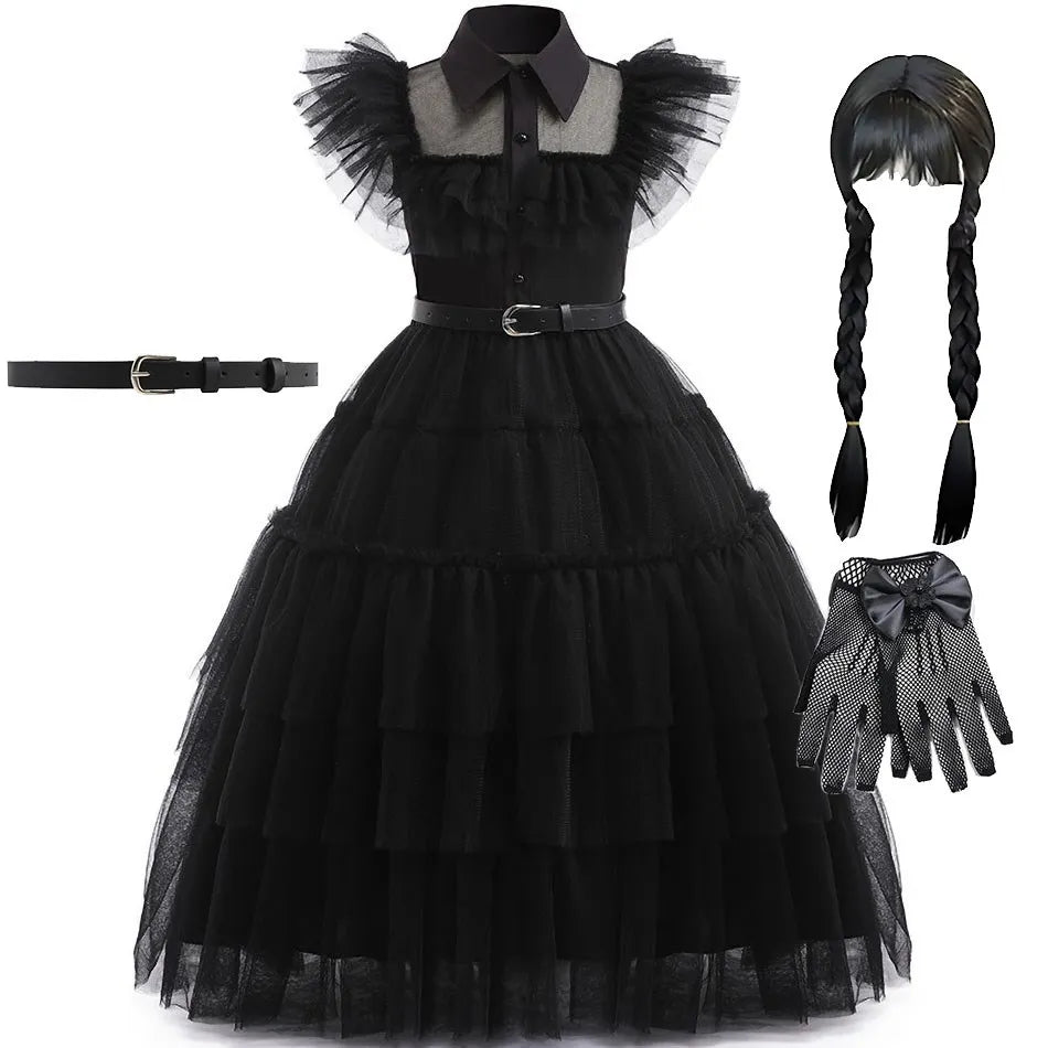 👗 Kinderkostüm Wednesday Addams – Schwarzes Tüllkleid für Mädchen – Halloween, Karneval, Familienfeier, Weihnachten