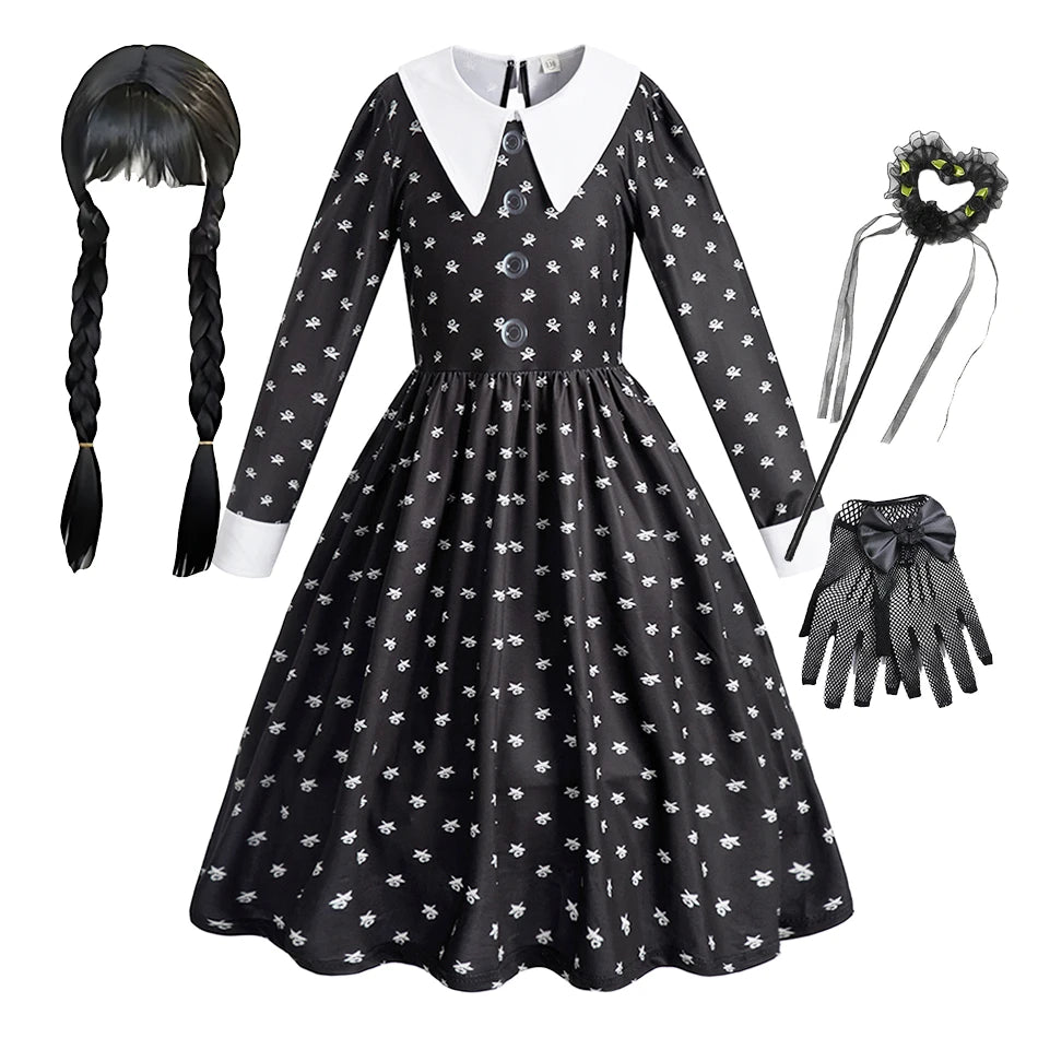Kinder Halloween Kostüm Mädchen – Gothic Kleid mit Zöpfen & Zubehör | Wednesday Addams Stil | Hexe Cosplay für Party & Karneval