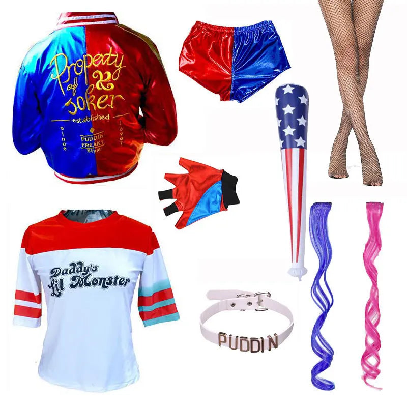 Harley Quinn Kostüm für Kinder & Damen – Cosplay Set mit Jacke, Shorts, Shirt & Zubehör – Halloween & Karneval