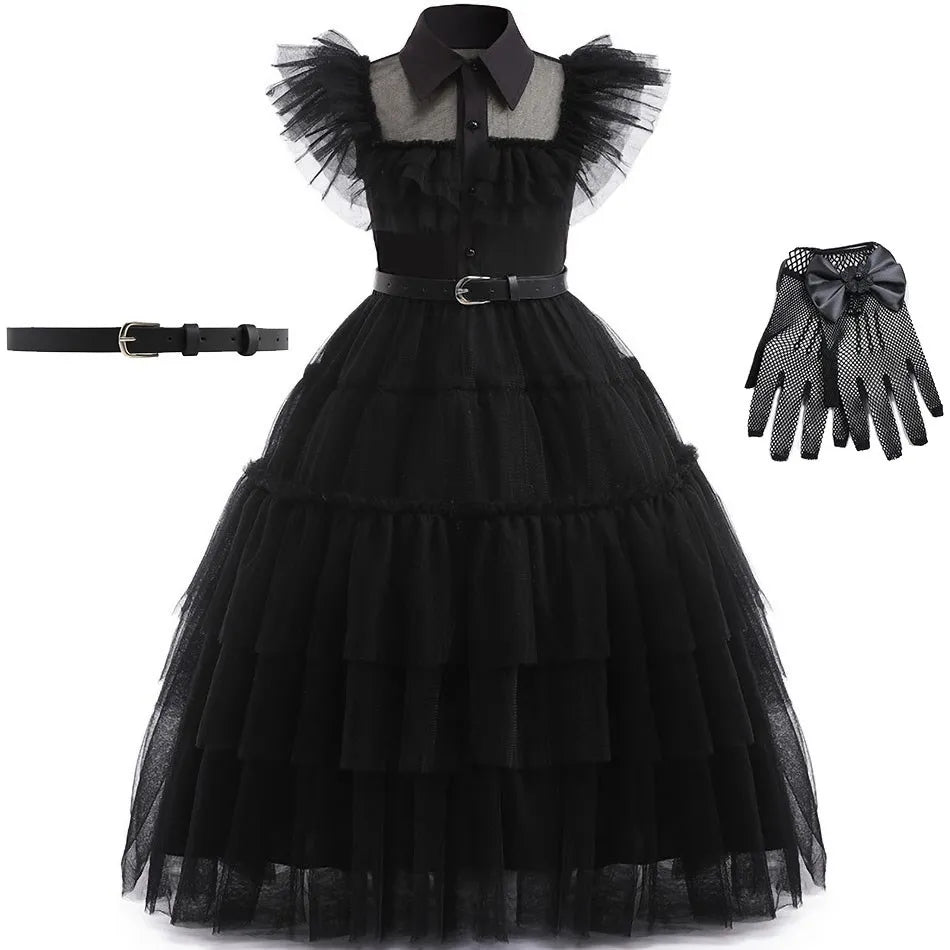 👗 Kinderkostüm Wednesday Addams – Schwarzes Tüllkleid für Mädchen – Halloween, Karneval, Familienfeier, Weihnachten