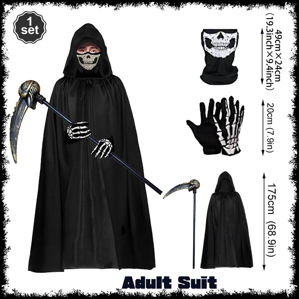 Grim Reaper Halloween Kostüm mit Kapuze, Totenkopf-Maske, Handschuhen & Sense – Unisex Verkleidung für Kinder & Erwachsene