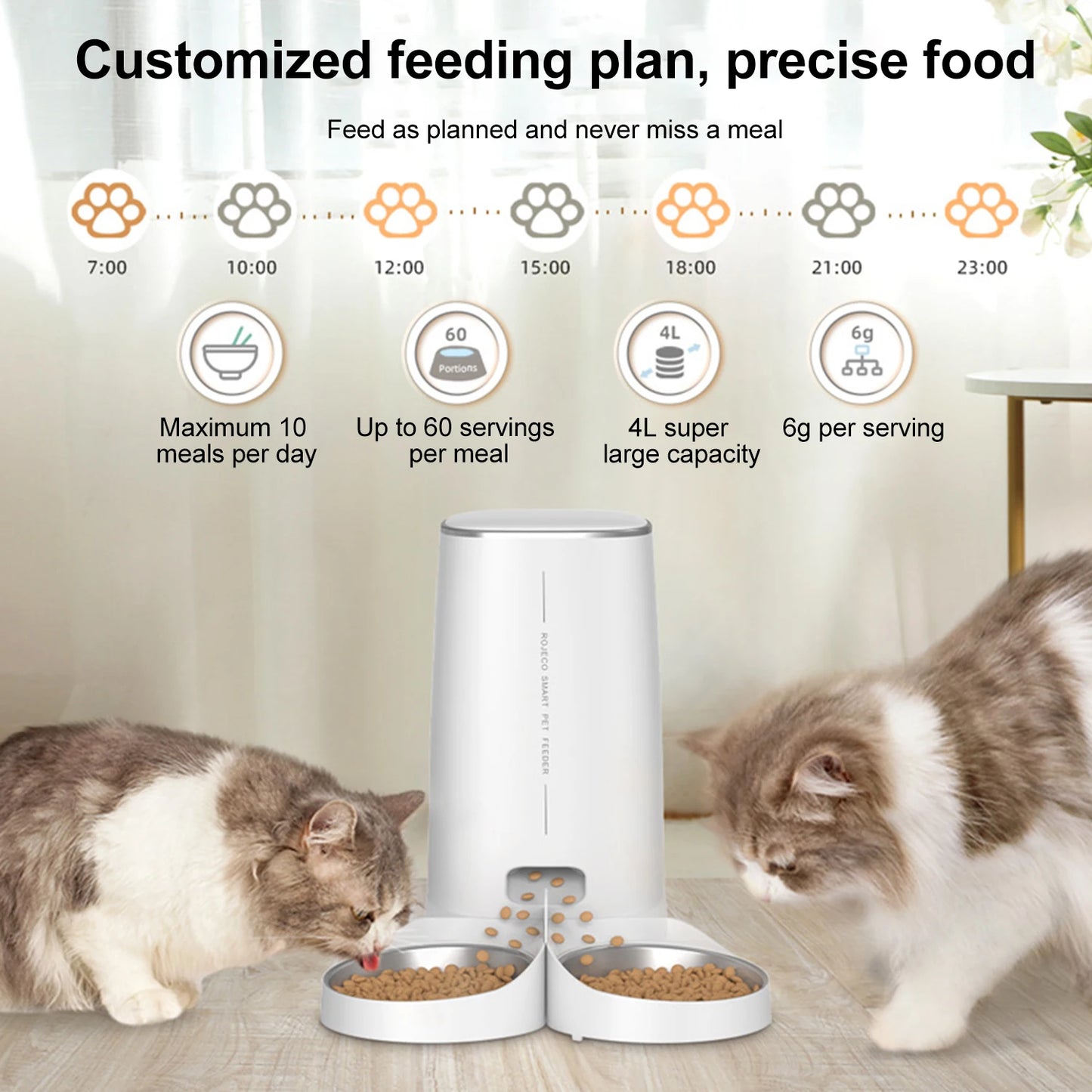 4L Double Bowl Pet Feeder WiFi Smart Timing Large Capacity Dry Food Feeder for Cats Dogs Remote Control Automatic Food Dispenser