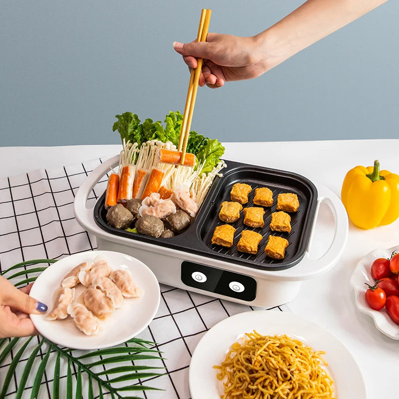 2-in-1 Antihaft-Shabu-Topf und Grillplatte, Multikocher, Grill-Shabu-Shabu-Topf mit Grill, Steaks, Ramen und Nudeln, elektrischer Kochtopf
