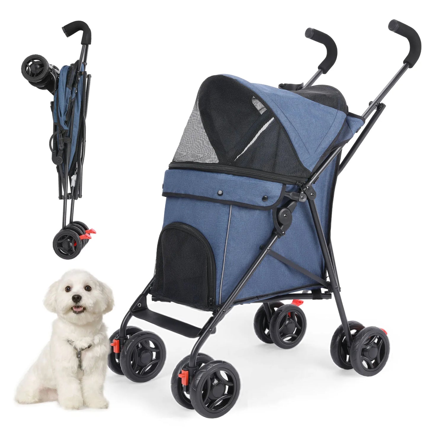 Leichter & Faltbarer Haustier-Kinderwagen für Hunde & Katzen – Atmungsaktiver Outdoor Buggy, Reise-Wagen für kleine bis mittelgroße Haustiere