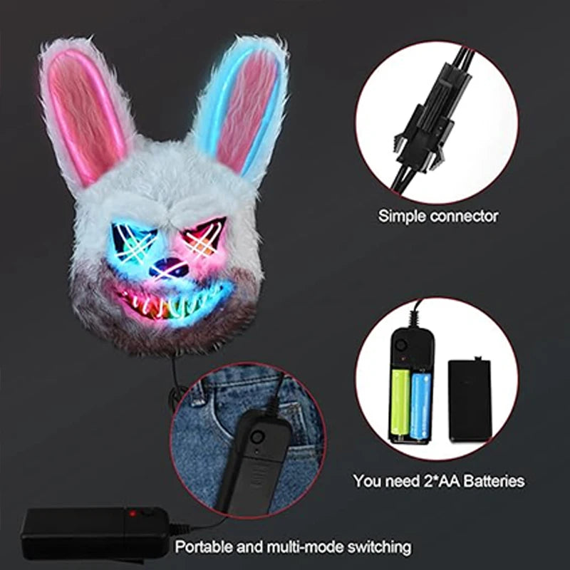 🐰 LED Leuchtende Gruselige Hasenmaske für Halloween & Karneval – Unisex Cosplay Maske für Erwachsene 🎭