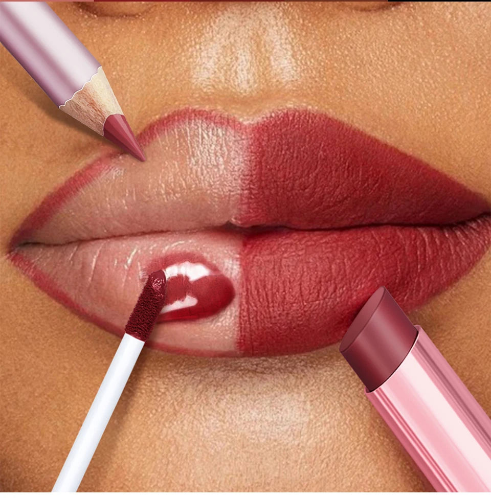 Wasserdichtes, langlebiges, mattschwarzes Lippenstift-Set, samtiger flüssiger Lipgloss, Lipliner-Set, roter Fleck, Halloween-Gothic-Make-up