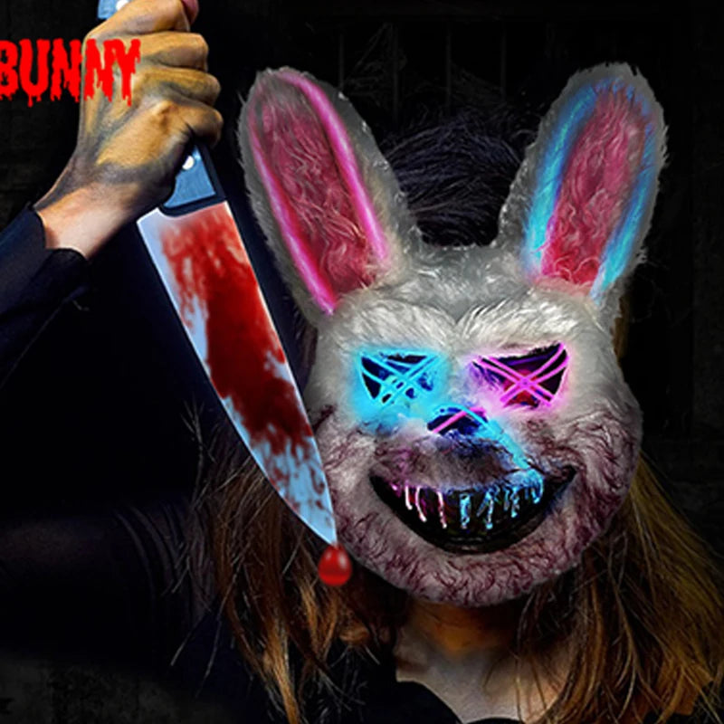 🐰 LED Leuchtende Gruselige Hasenmaske für Halloween & Karneval – Unisex Cosplay Maske für Erwachsene 🎭