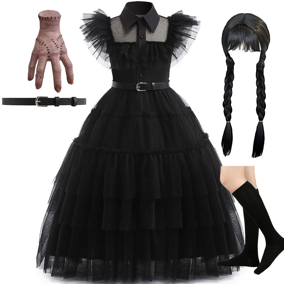 👗 Kinderkostüm Wednesday Addams – Schwarzes Tüllkleid für Mädchen – Halloween, Karneval, Familienfeier, Weihnachten
