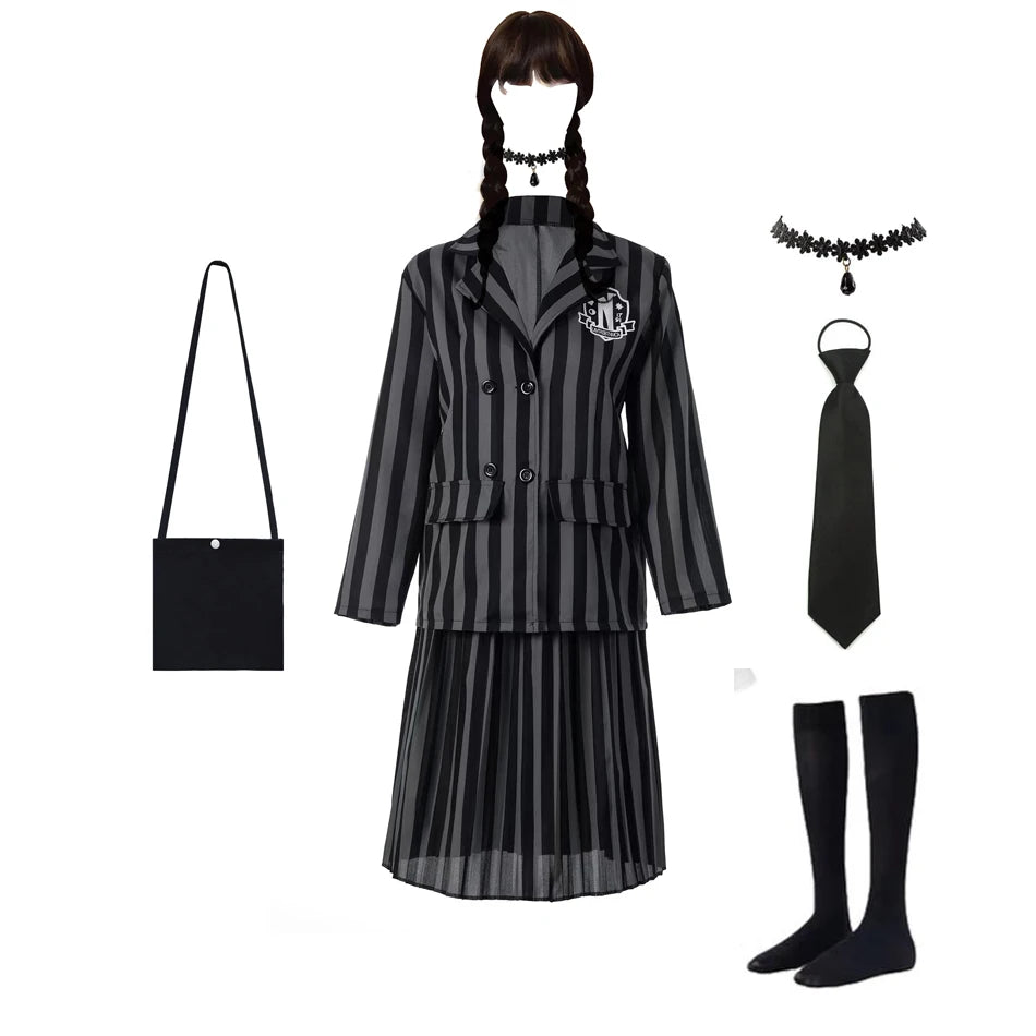 Wednesday Addams Kinderkostüm – Schwarzes gestreiftes Schuluniform Kleid mit Zubehör – Cosplay Outfit für Halloween & Motto-Partys