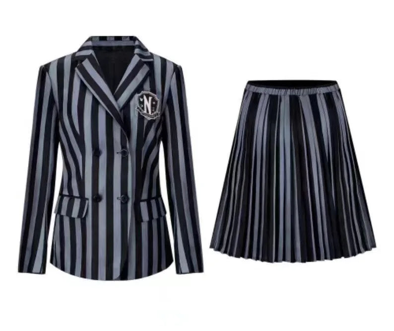 Wednesday Addams Kinderkostüm – Schwarzes gestreiftes Schuluniform Kleid mit Zubehör – Cosplay Outfit für Halloween & Motto-Partys