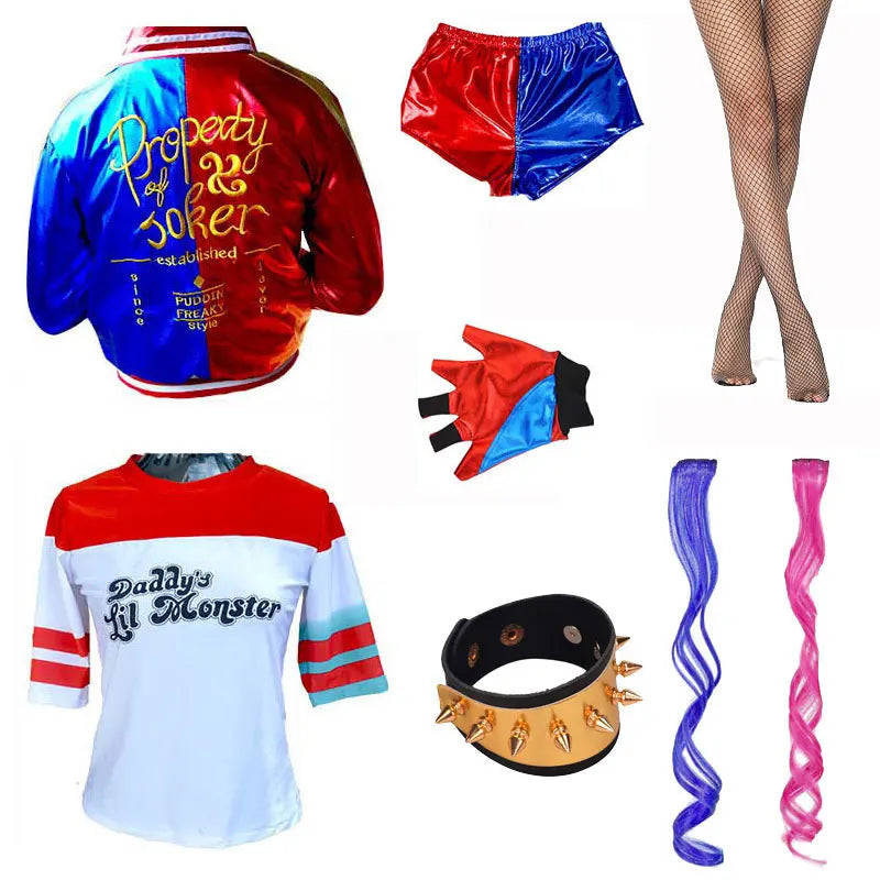Harley Quinn Kostüm für Kinder & Damen – Cosplay Set mit Jacke, Shorts, Shirt & Zubehör – Halloween & Karneval