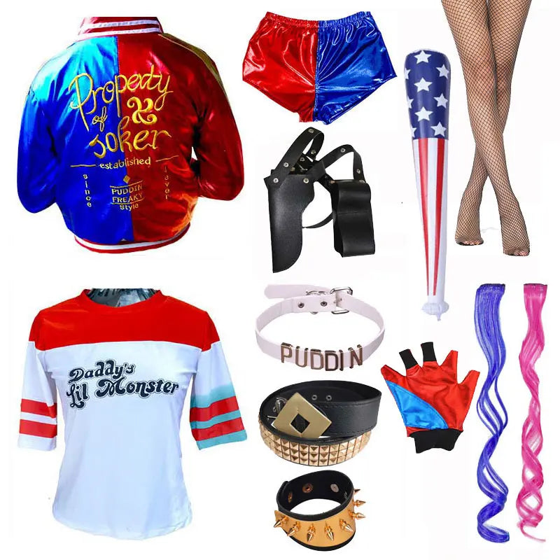 Harley Quinn Kostüm für Kinder & Damen – Cosplay Set mit Jacke, Shorts, Shirt & Zubehör – Halloween & Karneval