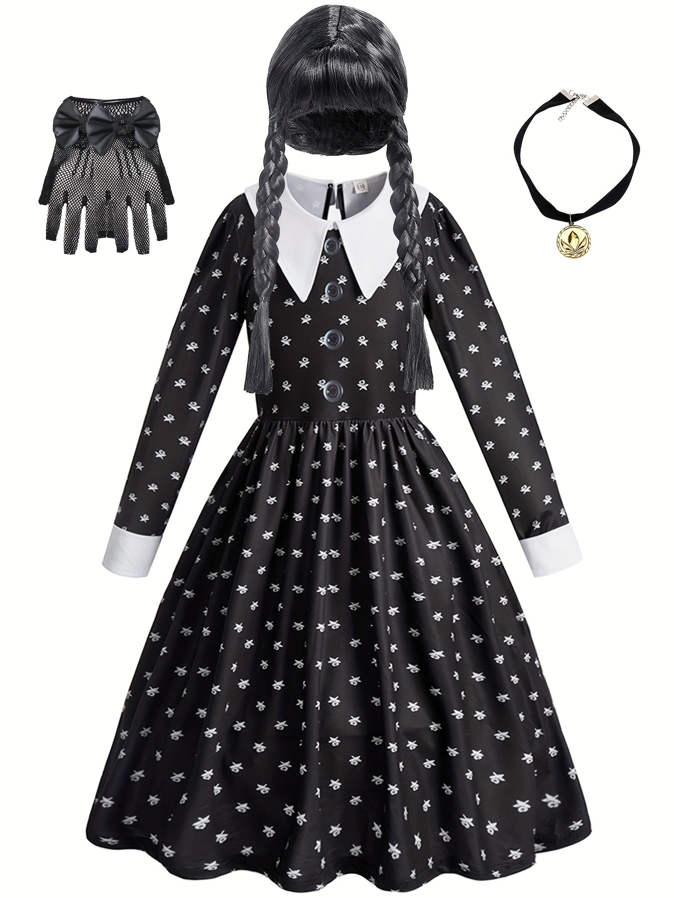 Wednesday Addams Kostüm für Mädchen 3-teilig – Hexenkleid mit Perücke, Halskette & Handschuhen – Halloween Outfit 4–14 Jahre