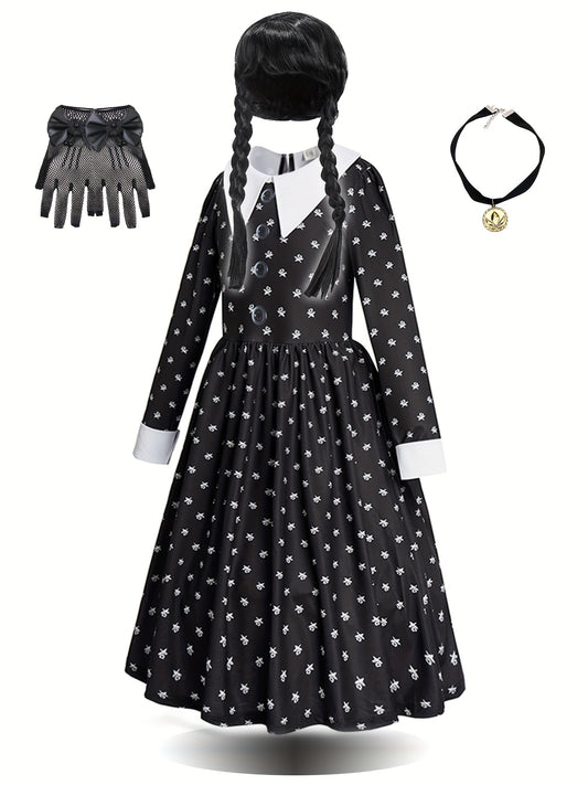 Wednesday Addams Kostüm für Mädchen 3-teilig – Hexenkleid mit Perücke, Halskette & Handschuhen – Halloween Outfit 4–14 Jahre