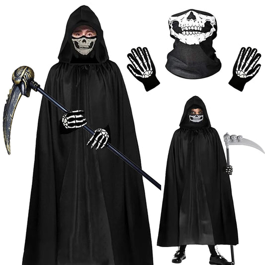 Grim Reaper Halloween Kostüm mit Kapuze, Totenkopf-Maske, Handschuhen & Sense – Unisex Verkleidung für Kinder & Erwachsene