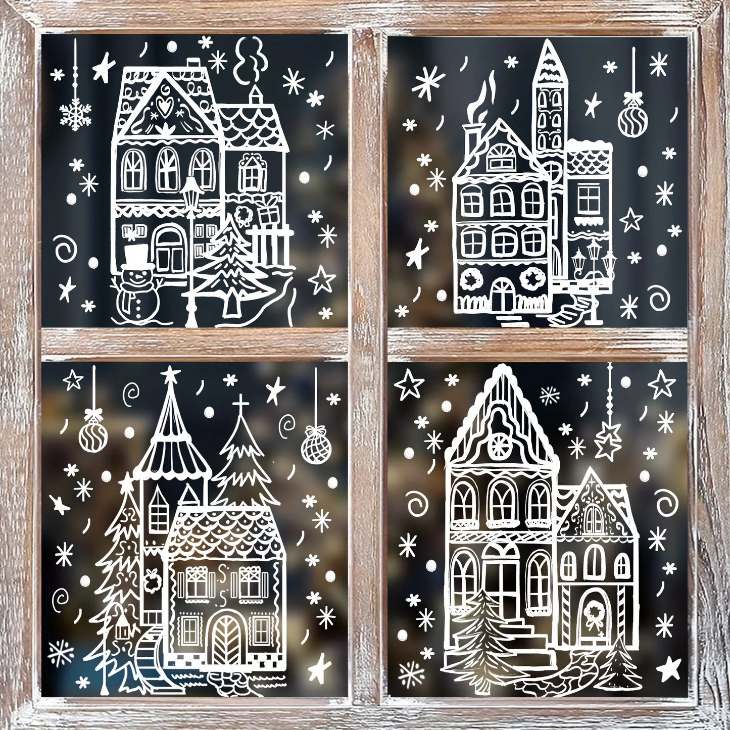 Weihnachts Schneehaus Fensteraufkleber – 4er Set | Selbstklebende Schneeflocken & Winter-Deko für Fenster, Wohnzimmer & Geschäfte