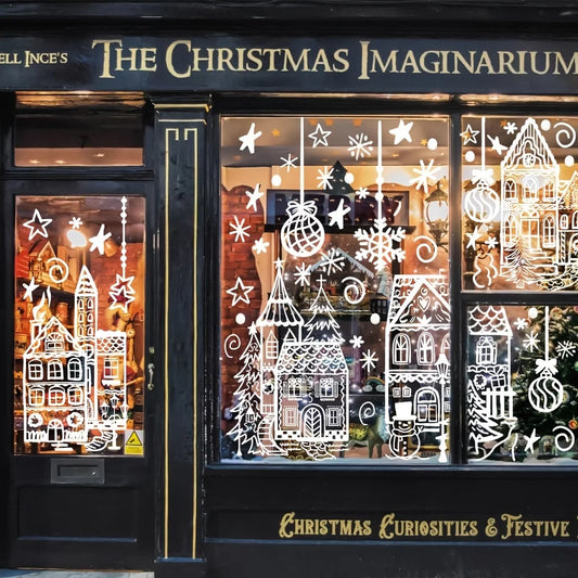 Weihnachts Schneehaus Fensteraufkleber – 4er Set | Selbstklebende Schneeflocken & Winter-Deko für Fenster, Wohnzimmer & Geschäfte