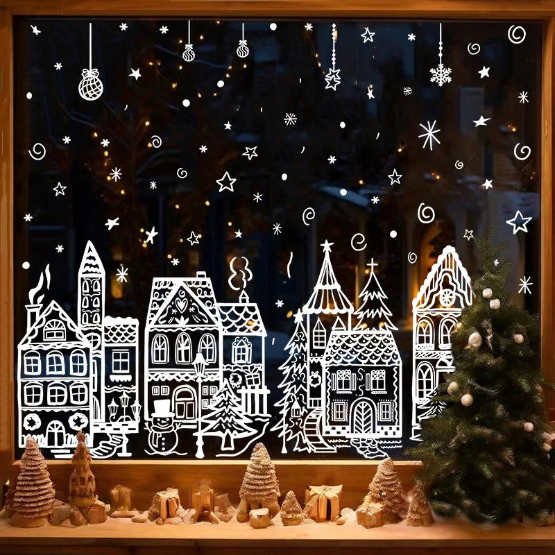 Weihnachts Schneehaus Fensteraufkleber – 4er Set | Selbstklebende Schneeflocken & Winter-Deko für Fenster, Wohnzimmer & Geschäfte