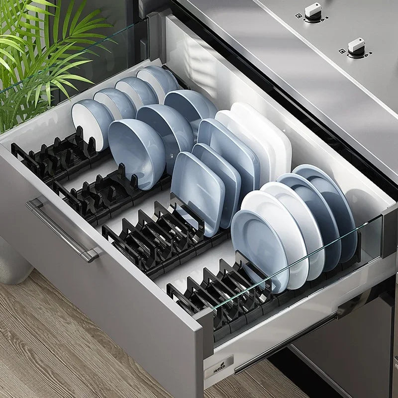 Verstellbares Geschirrregal für Küchenschubladen – Teller & Schüssel Organizer aus Space-Aluminium – Platzsparendes Ordnungssystem für Unterschrank