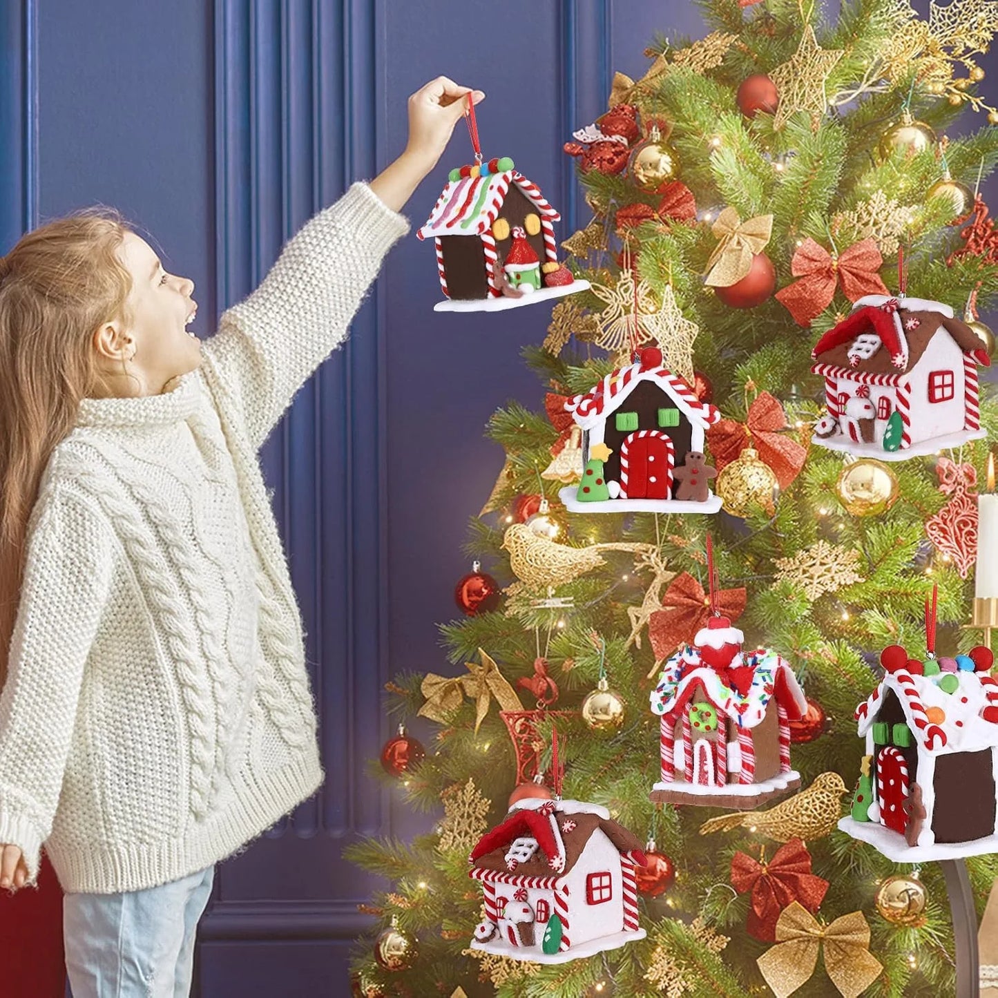 5 Stück Haus Ornamente Urlaub Weihnachtsbaum Ornament Set Lebkuchen Weihnachtsdekoration mit Seil Lebkuchenhaus Dekor
