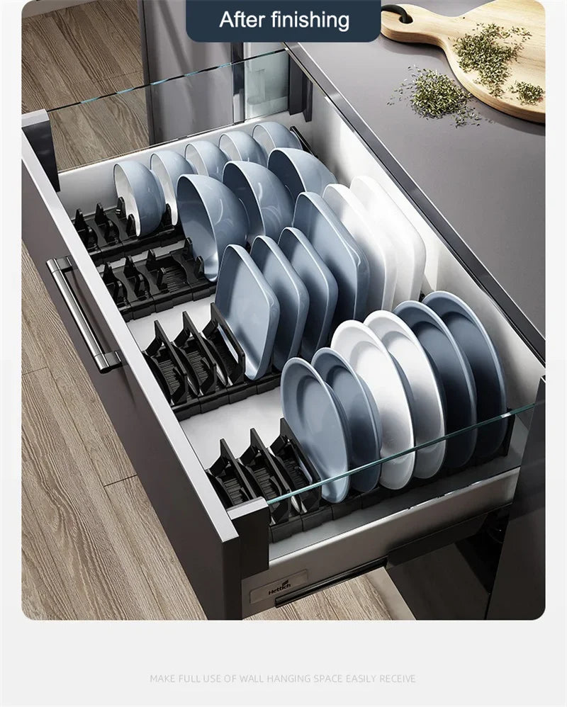 Verstellbares Geschirrregal für Küchenschubladen – Teller & Schüssel Organizer aus Space-Aluminium – Platzsparendes Ordnungssystem für Unterschrank