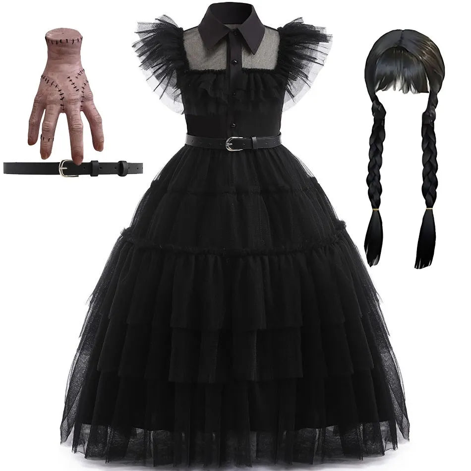 👗 Kinderkostüm Wednesday Addams – Schwarzes Tüllkleid für Mädchen – Halloween, Karneval, Familienfeier, Weihnachten