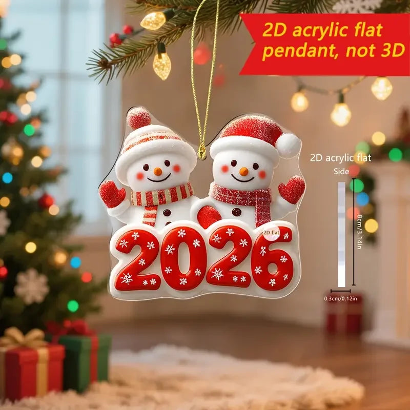 2D Weihnachtsornament 2026 – Süßer Schneemann & Santa | Acryl Anhänger für Weihnachtsbaum & Neujahr Dekoration