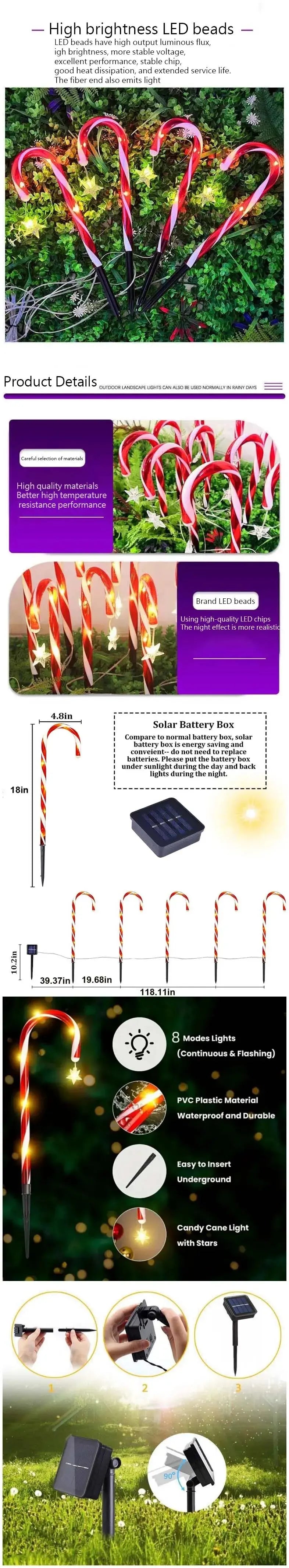 5/8 teile/satz Solar Powered Cane Garten Lichter Im Freien Wasserdichte 8 Modi Dekoration Lichter Weihnachten Süßigkeiten Rasen Lampe