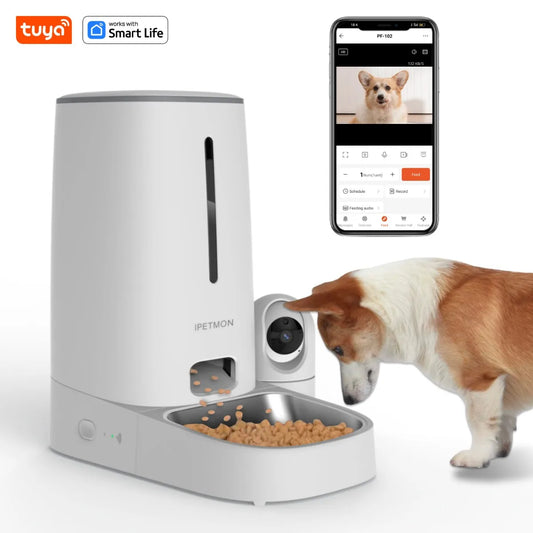 Wi-Fi-fähiger 4-Liter-Haustierfutterautomat für Katzen und Hunde, APP-Steuerung, Edelstahlschüsseln, niedriger Futteralarm, für IPETMON/Tuya/Smart LifeAPP