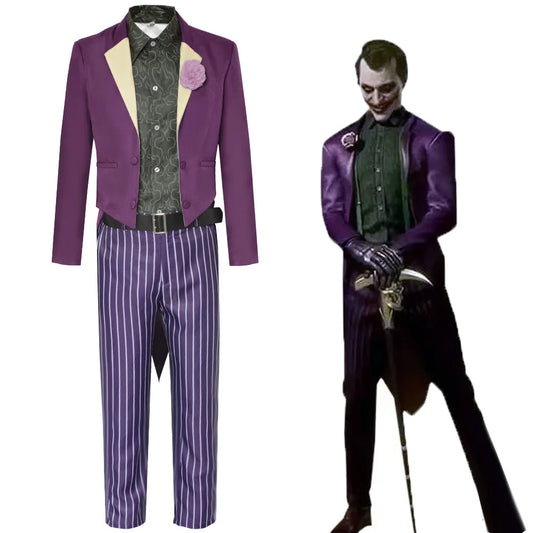 Hochwertiges Joker-Kostüm für Herren – Lila Anzug mit Streifen, Hemd, Gürtel & Zubehör – Cosplay & Halloween Outfit