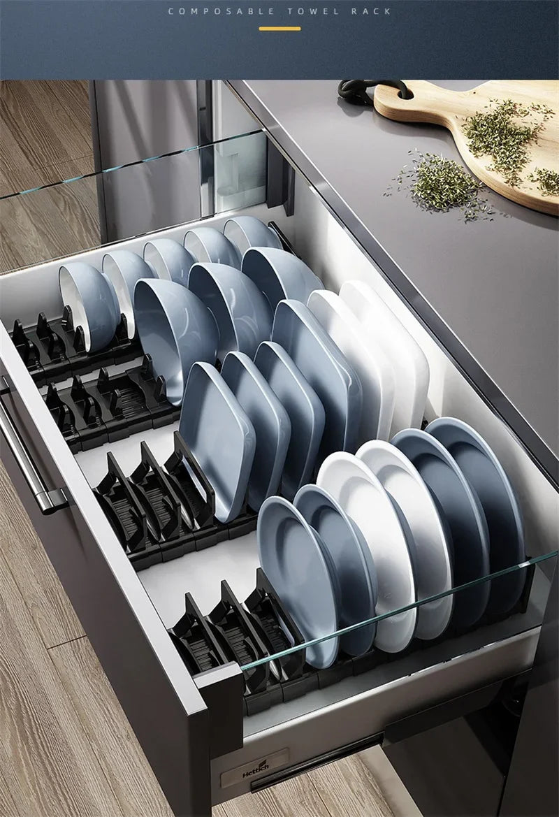 Verstellbares Geschirrregal für Küchenschubladen – Teller & Schüssel Organizer aus Space-Aluminium – Platzsparendes Ordnungssystem für Unterschrank