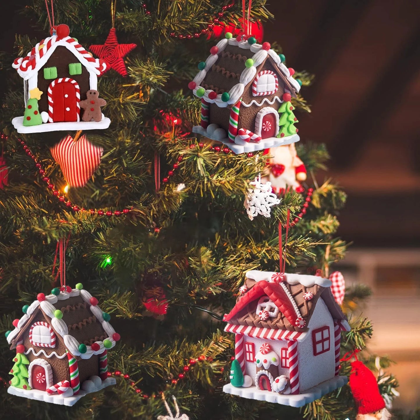 5 Stück Haus Ornamente Urlaub Weihnachtsbaum Ornament Set Lebkuchen Weihnachtsdekoration mit Seil Lebkuchenhaus Dekor