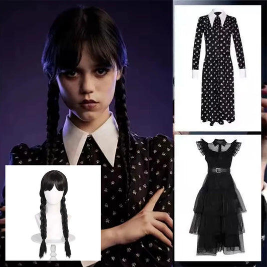 Wednesday Addams Damenkostüm – Schwarzes Cosplay Kleid mit Kragen & Zöpfen – Halloween Verkleidung inspiriert vom Film