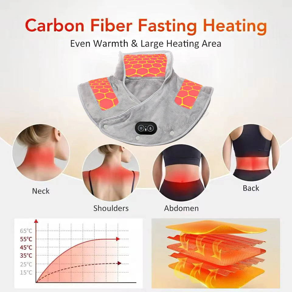 Elektrisches Heiz-Schulter- & Nackenpad | 3 Heizstufen + Vibration | Thermokompression zur Entspannung von Nacken, Schultern & Rücken – USB, weich & verstellbar