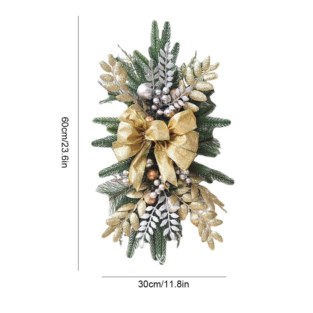 Premium LED-Weihnachtsgirlande 60 cm – Vorbeleuchteter Treppenkranz aus Kiefernholz mit Schleife & Beeren | Kabellos, warmweiß, ideal für Tür, Wand, Fenster & Treppe