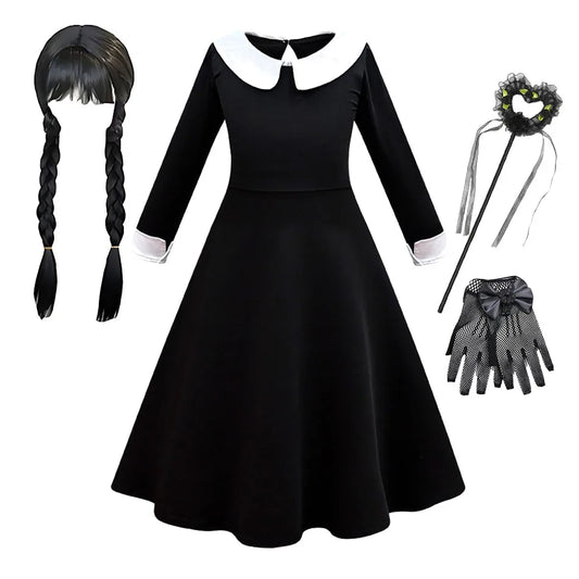 Kinder Halloween Kostüm Mädchen – Gothic Kleid mit Zöpfen & Zubehör | Wednesday Addams Stil | Hexe Cosplay für Party & Karneval