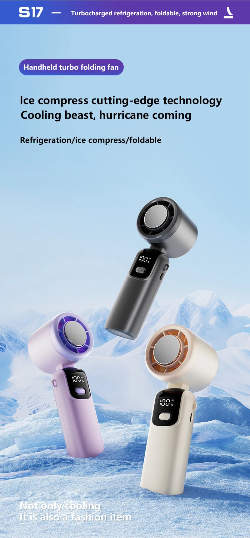 Lenovo Foldable/Hangable USB Desk Fan Ice Cooling Handheld Fan 100 Speeds Turbo Portable for Outdoor Fast Chill Ice Compress New
