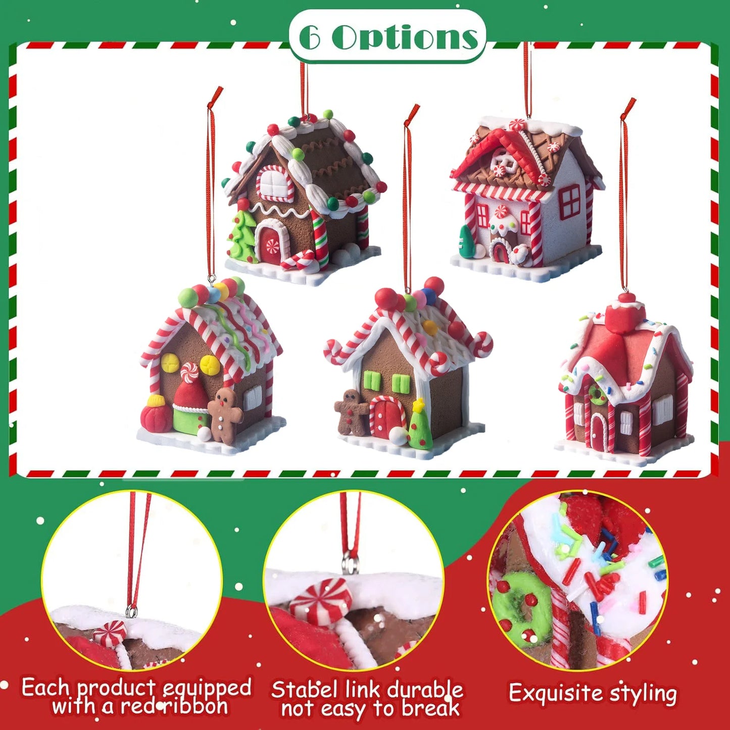 5 Stück Haus Ornamente Urlaub Weihnachtsbaum Ornament Set Lebkuchen Weihnachtsdekoration mit Seil Lebkuchenhaus Dekor