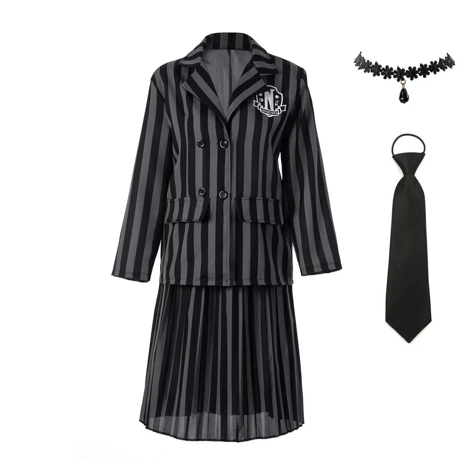 Wednesday Addams Kinderkostüm – Schwarzes gestreiftes Schuluniform Kleid mit Zubehör – Cosplay Outfit für Halloween & Motto-Partys