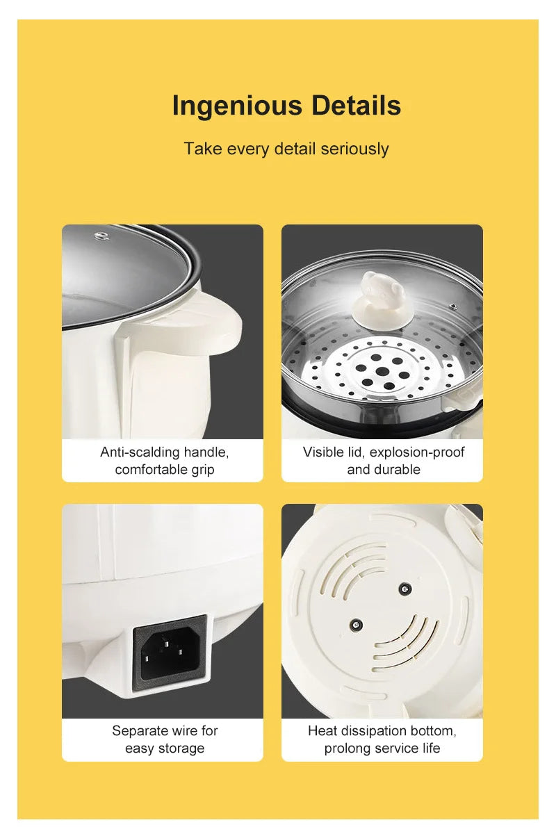 Elektrischer Mini-Multikocher 1–2 Personen | Antihaft-Pfanne, Doppelschicht-Design, 1,7L | Ideal für Nudeln, Reis, Suppen & Pfannengerichte | 400–800W Smart Cooker für Zuhause & Büro