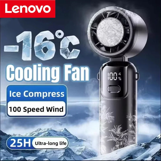 Lenovo 4-in-1 Turbo Handventilator mit aktiver Eiskühlung – 100 digitale Stufen, 4000mAh USB-C Akku, 90° Faltbarer Tisch- & Nackenventilator