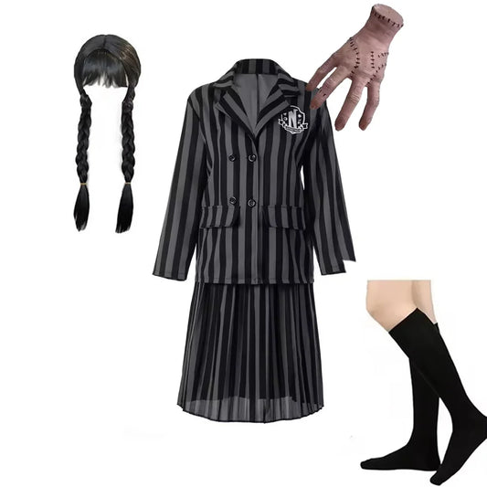 Wednesday Addams Kinderkostüm – Schwarzes gestreiftes Schuluniform Kleid mit Zubehör – Cosplay Outfit für Halloween & Motto-Partys