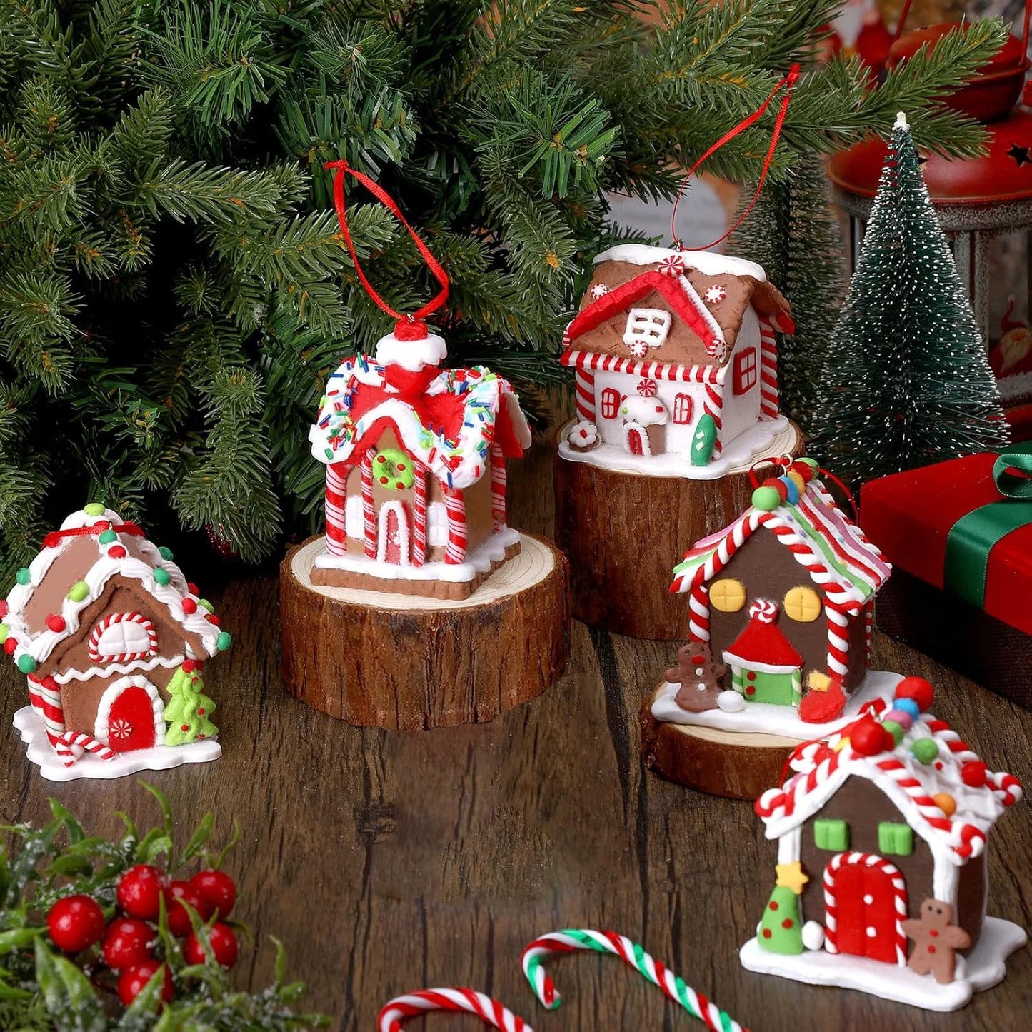 5 Stück Haus Ornamente Urlaub Weihnachtsbaum Ornament Set Lebkuchen Weihnachtsdekoration mit Seil Lebkuchenhaus Dekor