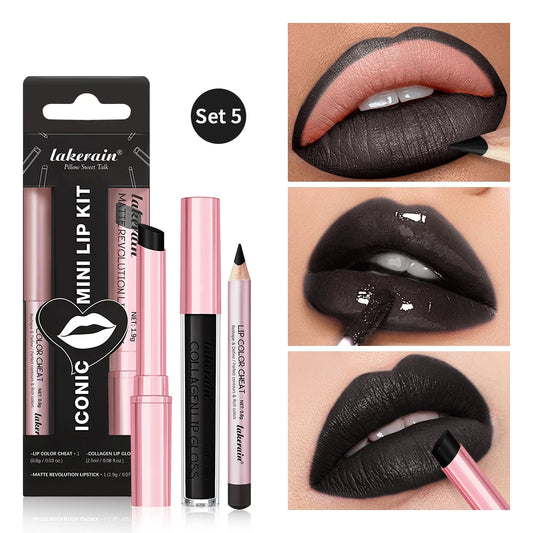 Wasserdichtes, langlebiges, mattschwarzes Lippenstift-Set, samtiger flüssiger Lipgloss, Lipliner-Set, roter Fleck, Halloween-Gothic-Make-up