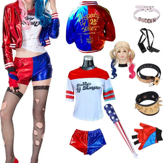 Harley Quinn Kostüm für Kinder & Damen – Cosplay Set mit Jacke, Shorts, Shirt & Zubehör – Halloween & Karneval